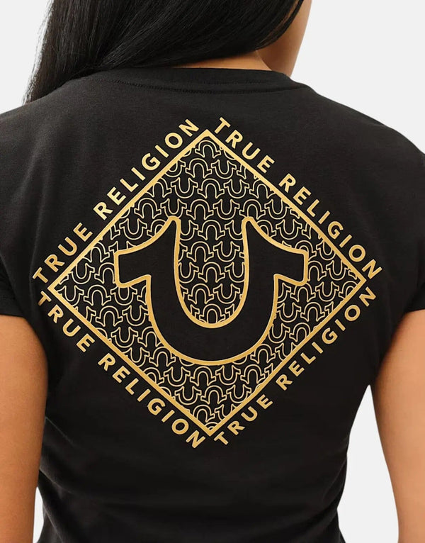 True Religion Men's Diamond HD V-Neck Black T-Shirt - Iconic Logo Design