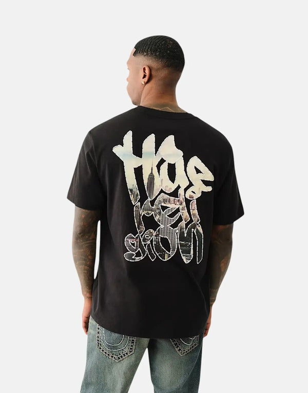 True Religion Men's Graffiti Puff Print Jet Black Cotton Crew Neck T-Shirt