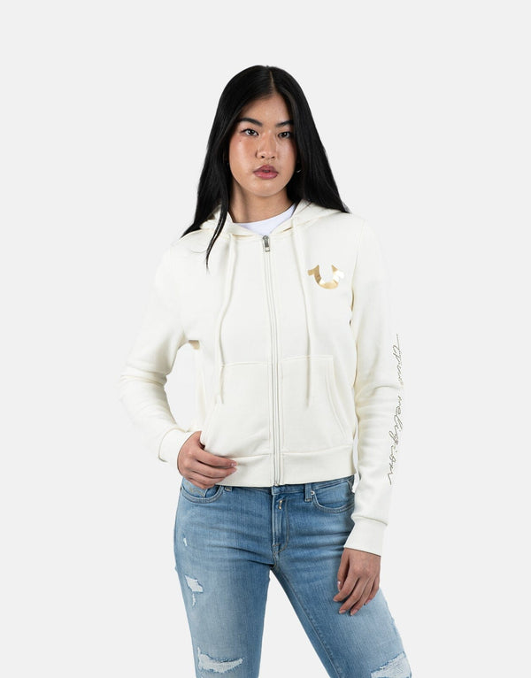 True Religion Men's HS Script Zip-Up Hoodie: Cozy Off-White Fleece Comfort