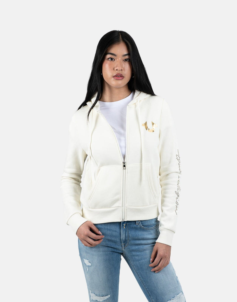True Religion Men's HS Script Zip-Up Hoodie: Cozy Off-White Fleece Comfort