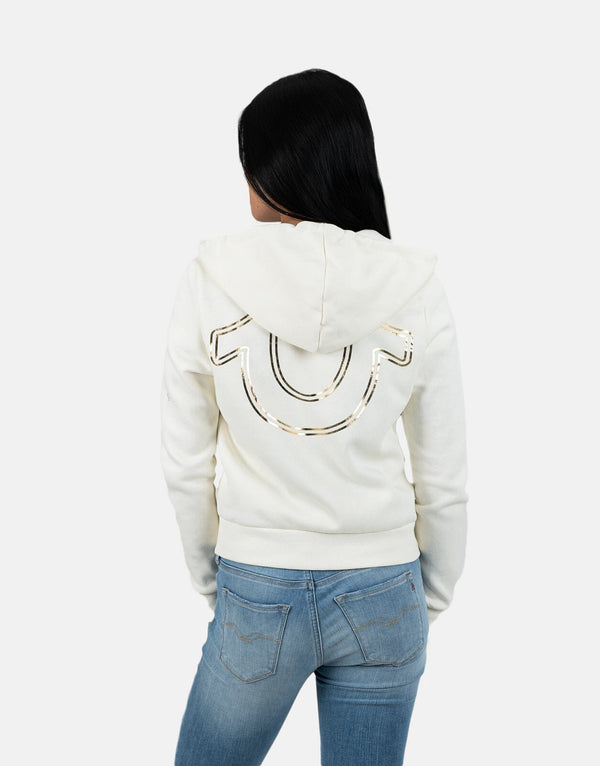 True Religion Men's HS Script Zip-Up Hoodie: Cozy Off-White Fleece Comfort