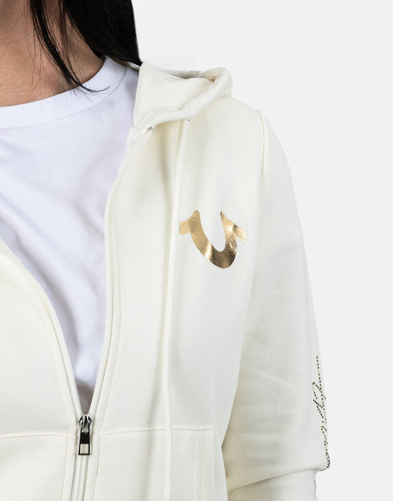 True Religion Men's HS Script Zip-Up Hoodie: Cozy Off-White Fleece Comfort