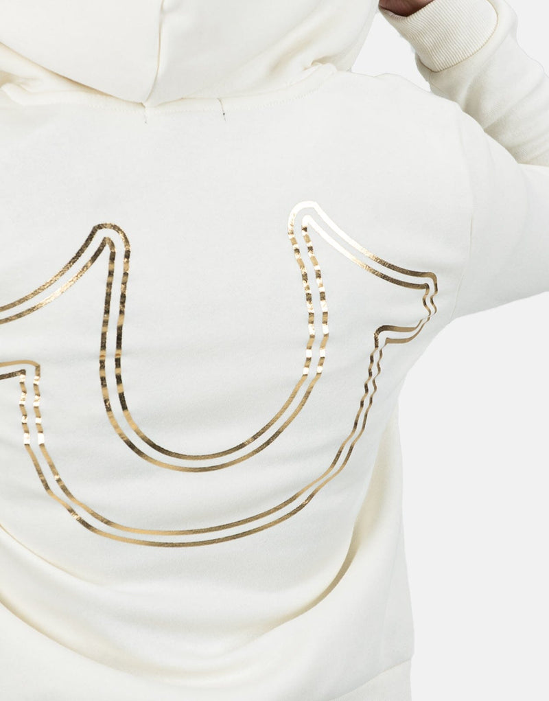 True Religion Men's HS Script Zip-Up Hoodie: Cozy Off-White Fleece Comfort
