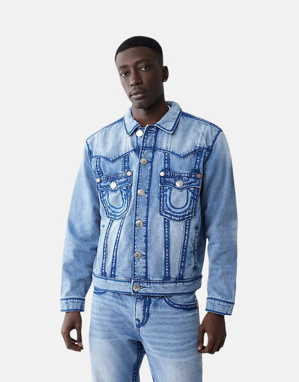 True Religion Men's Oversized Rope Stitch Blue Denim Jacket Casual Style