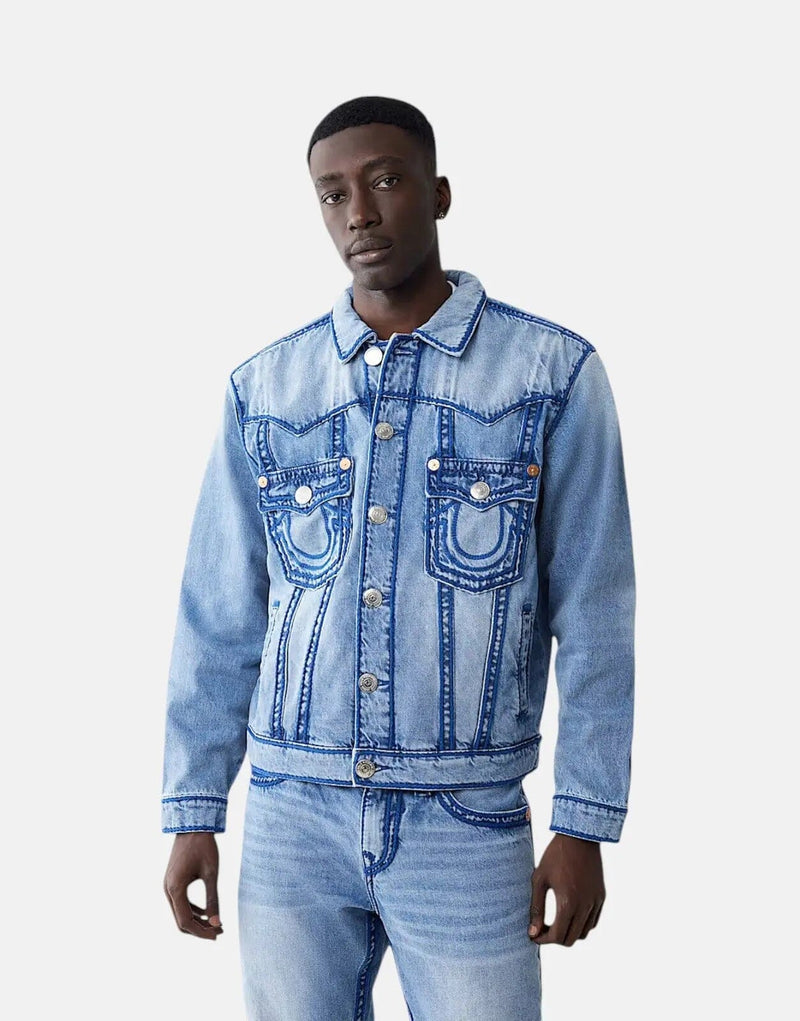 True Religion Men's Oversized Rope Stitch Blue Denim Jacket Casual Style