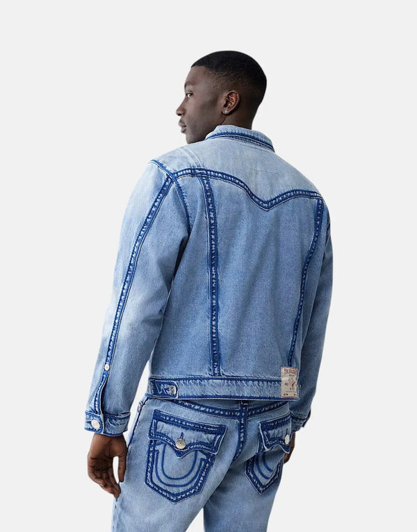 True Religion Men's Oversized Rope Stitch Blue Denim Jacket Casual Style