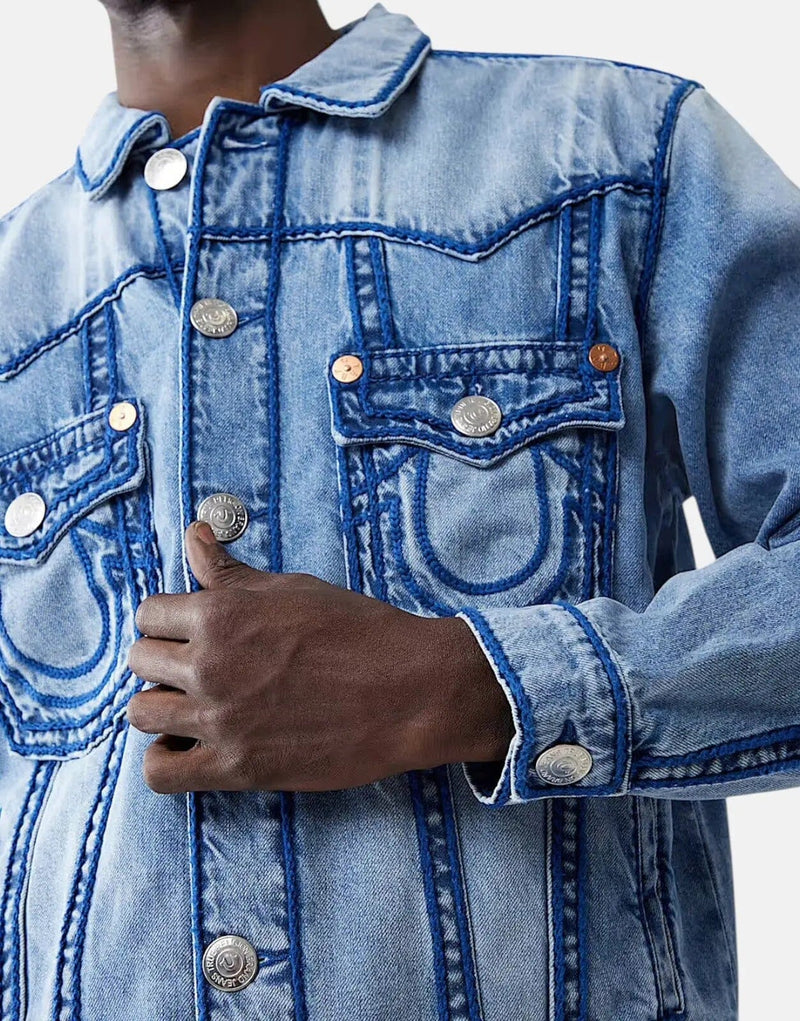 True Religion Men's Oversized Rope Stitch Blue Denim Jacket Casual Style