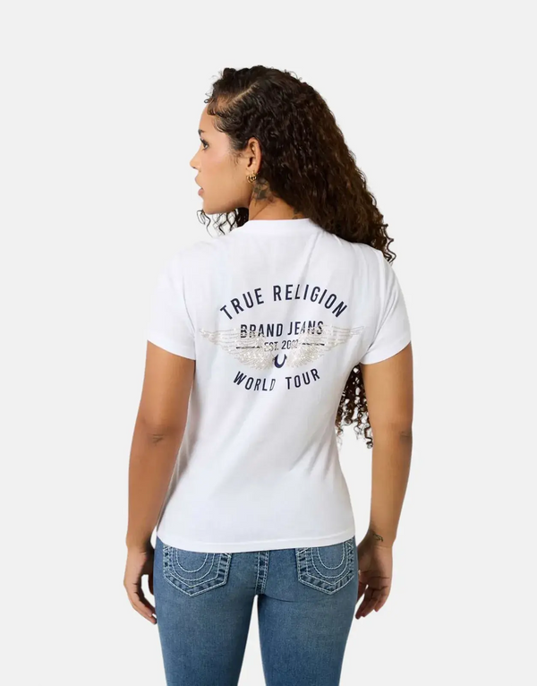True Religion Women's Retro Crystal Wing White T-Shirt: Sparkle & Style Tee
