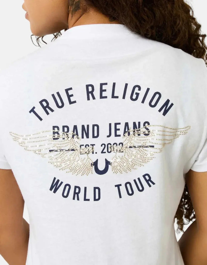 True Religion Women's Retro Crystal Wing White T-Shirt: Sparkle & Style Tee