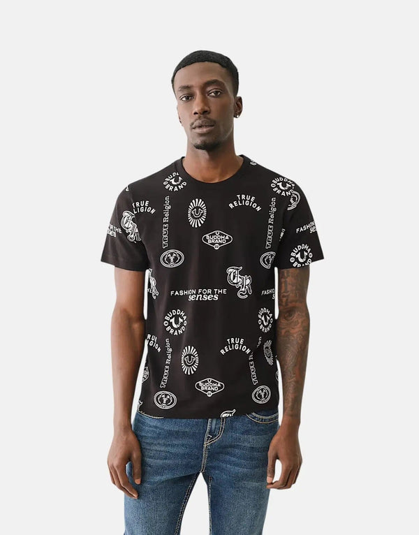 Men's True Religion Scattered Logo Print Soft Cotton Jet Black T-Shirt