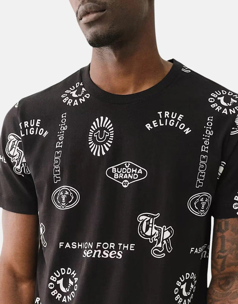 Men's True Religion Scattered Logo Print Soft Cotton Jet Black T-Shirt