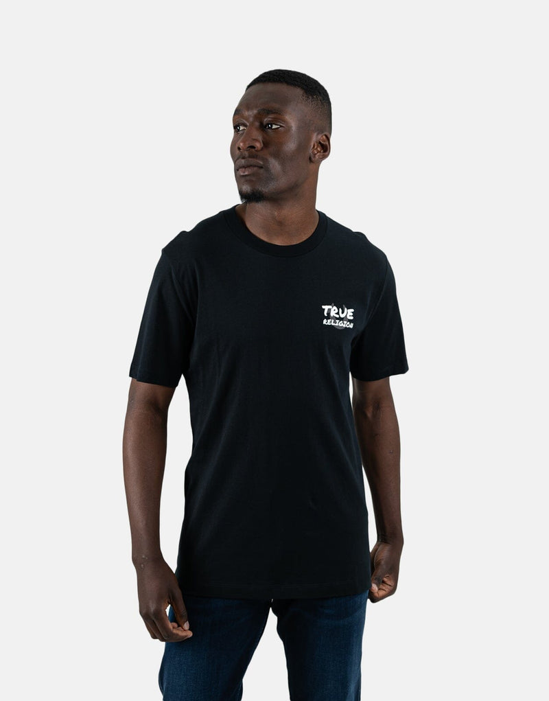 True Religion Men's Script Newspaper Black T-Shirt: Bold Design, Soft Comfort