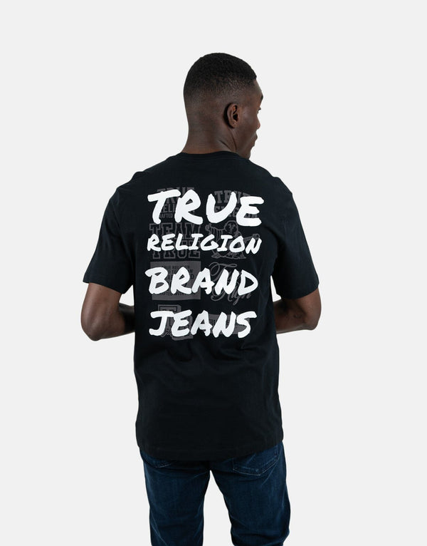 True Religion Men's Script Newspaper Black T-Shirt: Bold Design, Soft Comfort