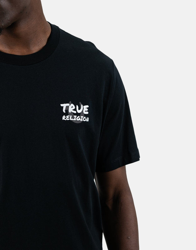 True Religion Men's Script Newspaper Black T-Shirt: Bold Design, Soft Comfort