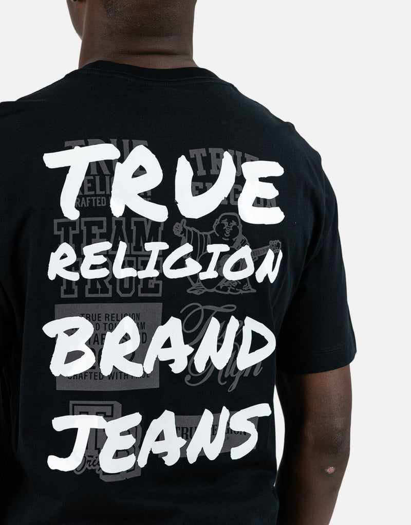 True Religion Men's Script Newspaper Black T-Shirt: Bold Design, Soft Comfort