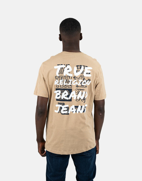 True Religion Men's Script Newspaper Brown Tee - Comfortable, Stylish, Everyday