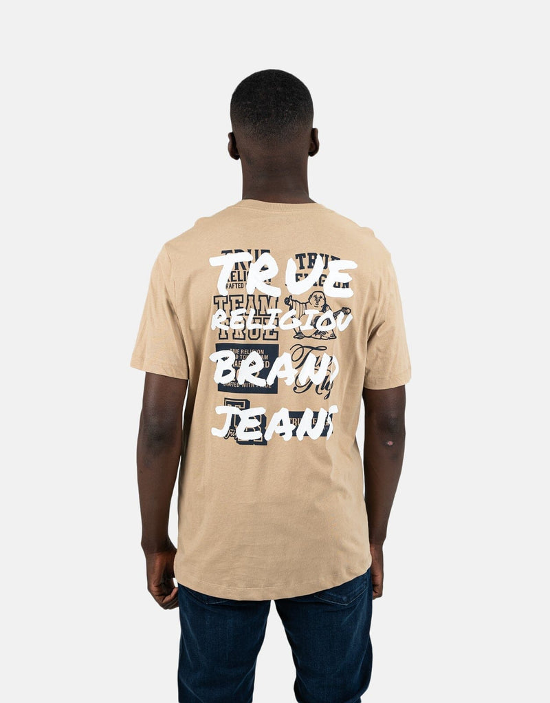 True Religion Men's Script Newspaper Brown Tee - Comfortable, Stylish, Everyday