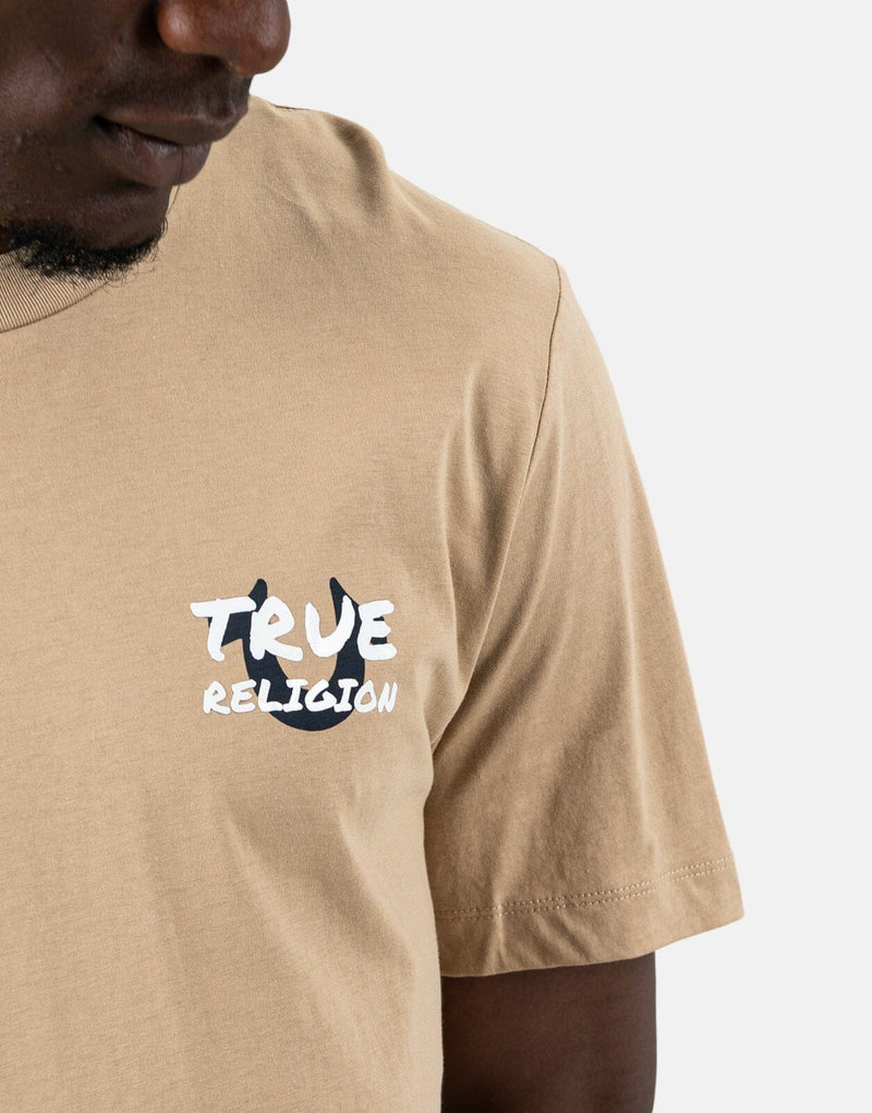 True Religion Men's Script Newspaper Brown Tee - Comfortable, Stylish, Everyday
