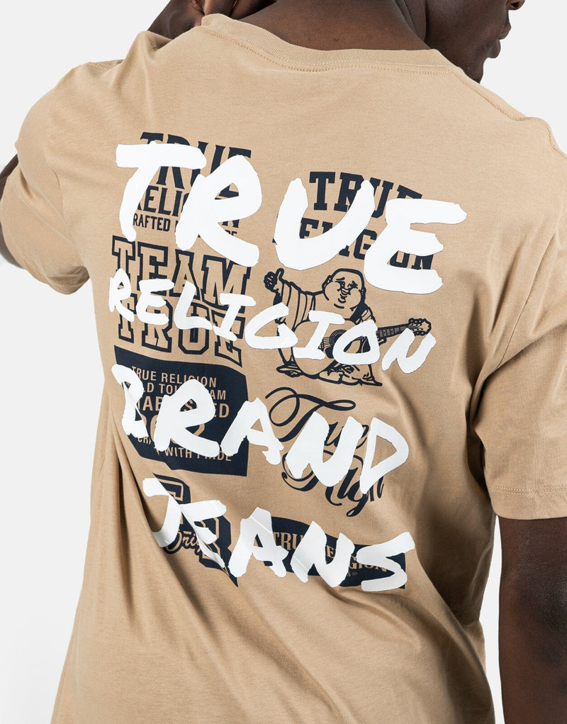 True Religion Men's Script Newspaper Brown Tee - Comfortable, Stylish, Everyday