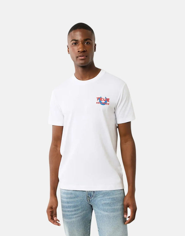 True Religion Men's White Script Newspaper Logo Cotton Crew Neck T-Shirt