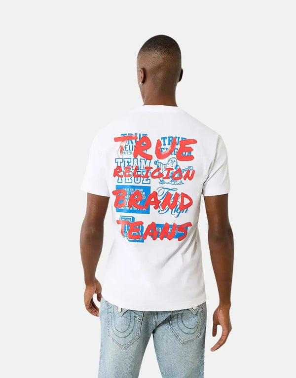 True Religion Men's White Script Newspaper Logo Cotton Crew Neck T-Shirt
