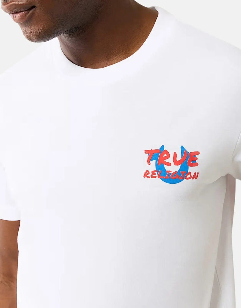 True Religion Men's White Script Newspaper Logo Cotton Crew Neck T-Shirt