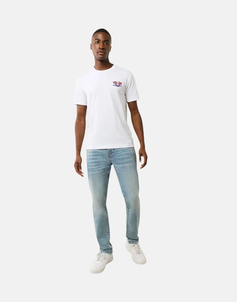 True Religion Men's White Script Newspaper Logo Cotton Crew Neck T-Shirt