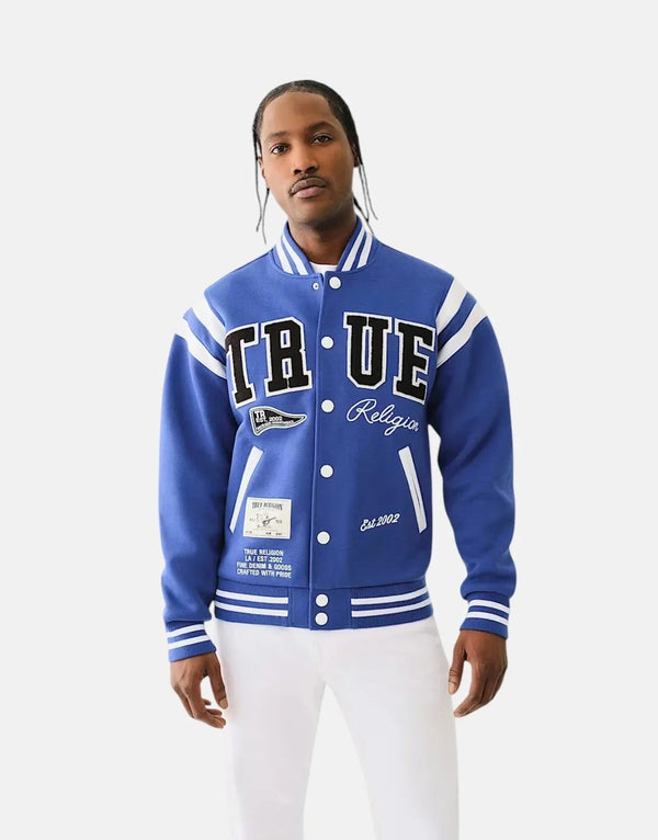 True Religion Men's Uni Varsity Blue/White Jacket: Fleece-lined, Snap-Button, Iconic Style