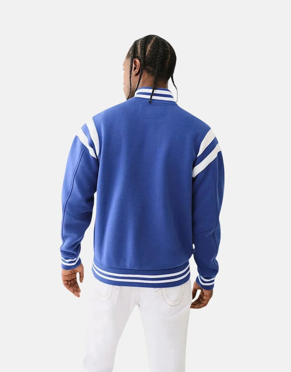 True Religion Men's Uni Varsity Blue/White Jacket: Fleece-lined, Snap-Button, Iconic Style