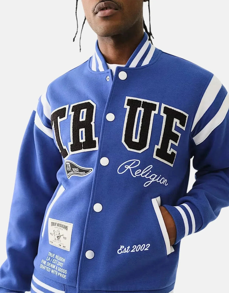 True Religion Men's Uni Varsity Blue/White Jacket: Fleece-lined, Snap-Button, Iconic Style