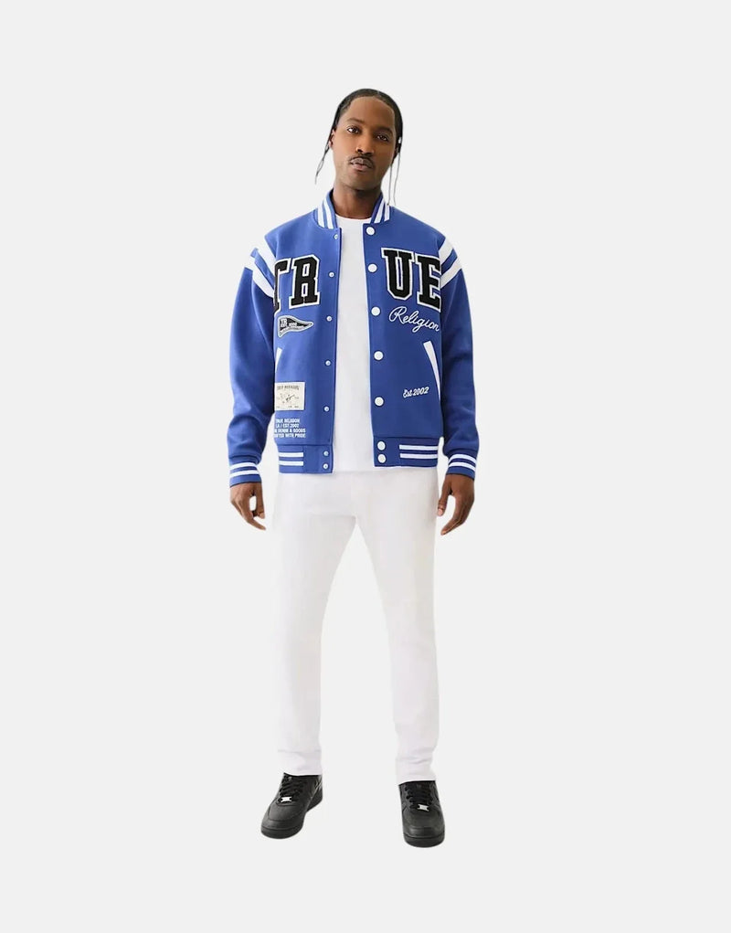 True Religion Men's Uni Varsity Blue/White Jacket: Fleece-lined, Snap-Button, Iconic Style