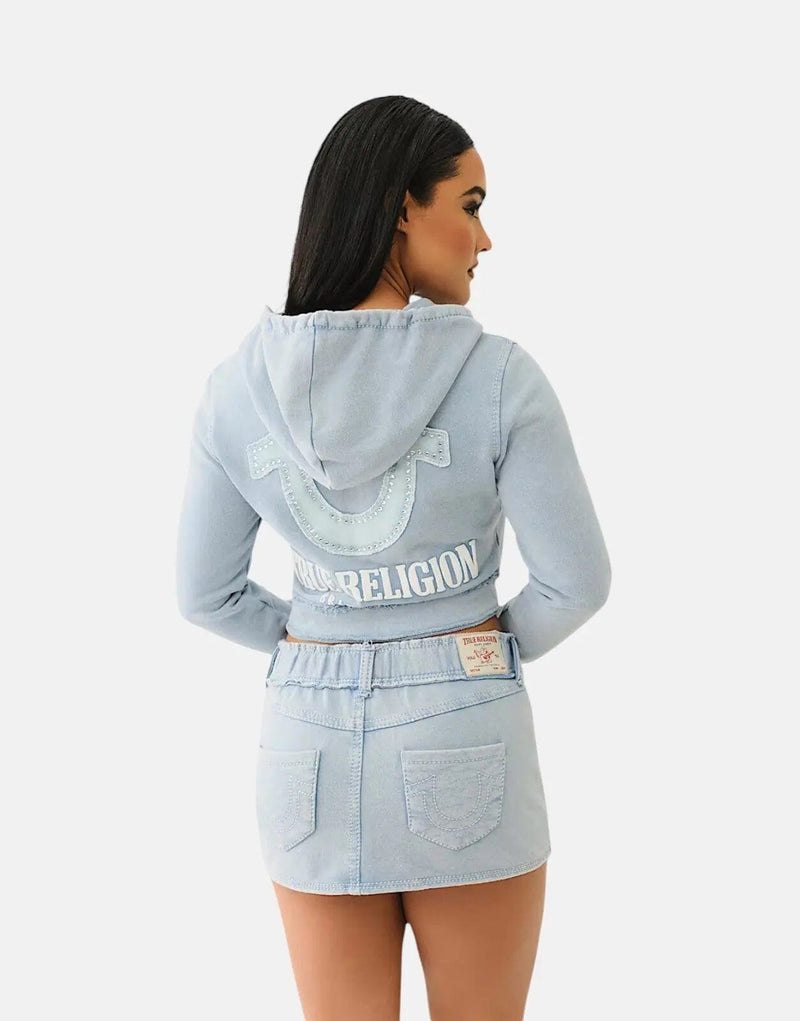 True Religion Washed Raw Edge Big T Zip Hoodie, Fleece-Lined, Crystal Horseshoe