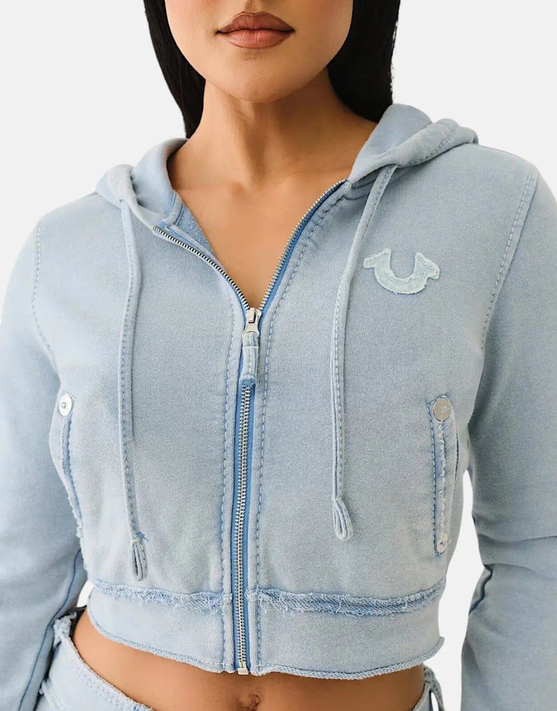 True Religion Washed Raw Edge Big T Zip Hoodie, Fleece-Lined, Crystal Horseshoe