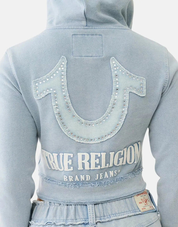 True Religion Washed Raw Edge Big T Zip Hoodie, Fleece-Lined, Crystal Horseshoe