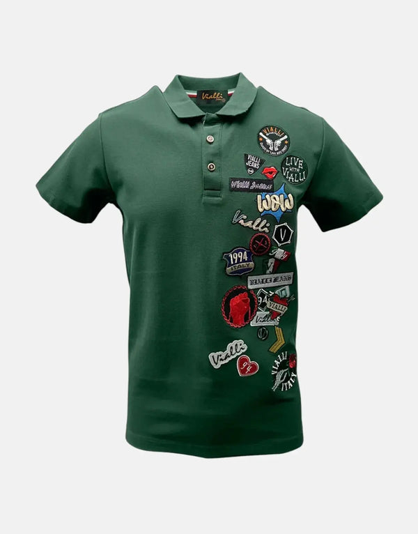 Vialli Kabuci Olive Green Cotton Polo Shirt with Distinctive Front Badges