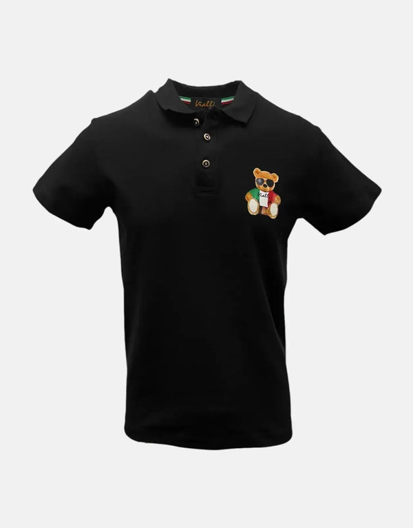 Vialli Kresta Black Cotton Polo Shirt: Classic Teddy Emblem Golfer, Breathable Comfort