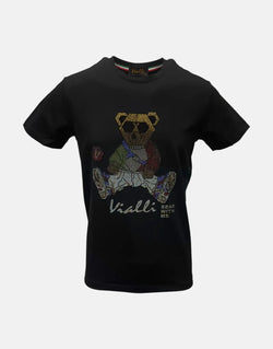 Vialli Kwaito Black T-Shirt: Premium Cotton-Spandex, Studded Bear Design, Short Sleeve Comfort