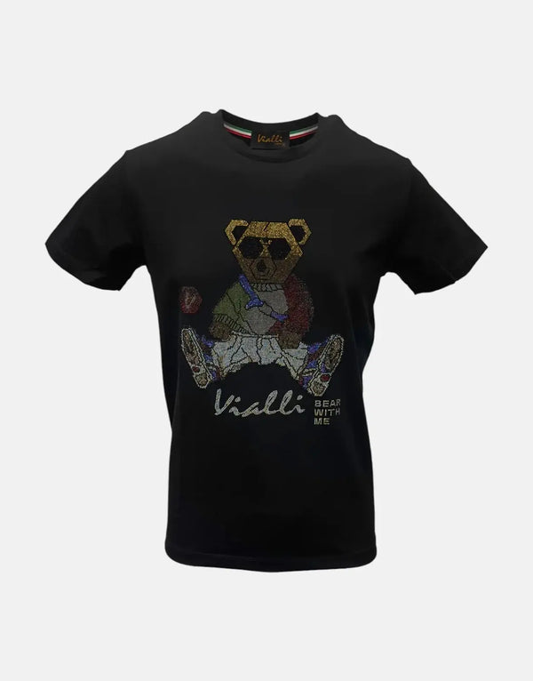 Vialli Kwaito Black T-Shirt: Premium Cotton-Spandex, Studded Bear Design, Short Sleeve Comfort
