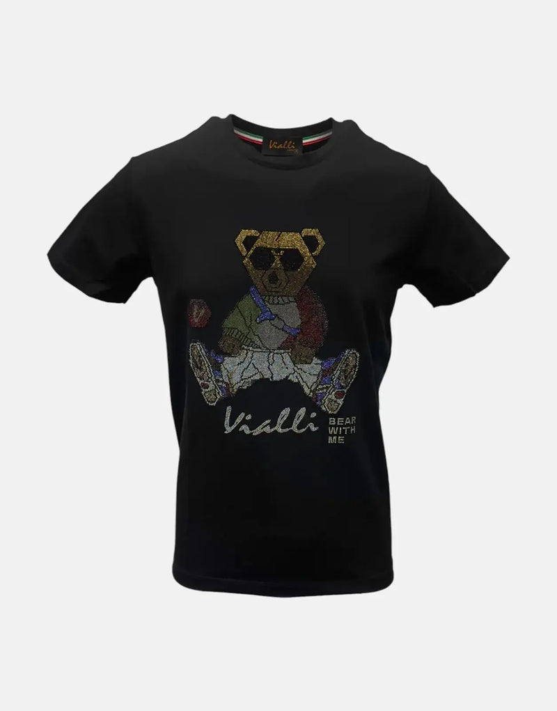 Vialli Kwaito Black T-Shirt: Premium Cotton-Spandex, Studded Bear Design, Short Sleeve Comfort