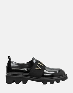 Vialli Uscita Black Sneakers: Sleek, Glossy, Stylish Gold Accents, Modern Footwear