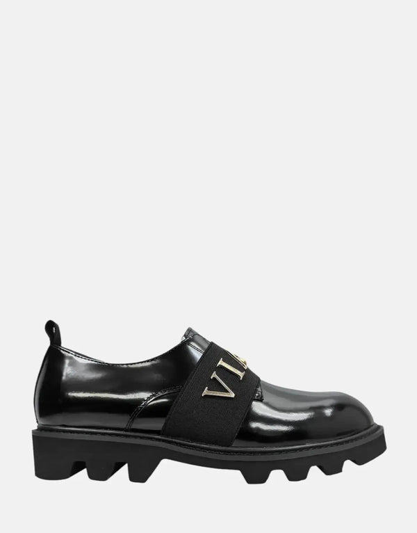 Vialli Uscita Black Sneakers: Sleek, Glossy, Stylish Gold Accents, Modern Footwear