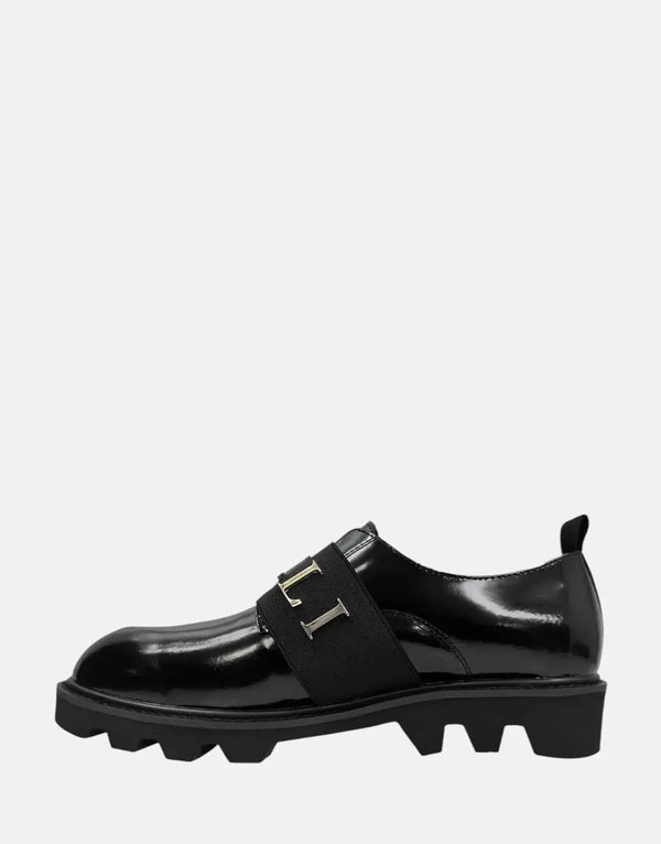 Vialli Uscita Black Sneakers: Sleek, Glossy, Stylish Gold Accents, Modern Footwear